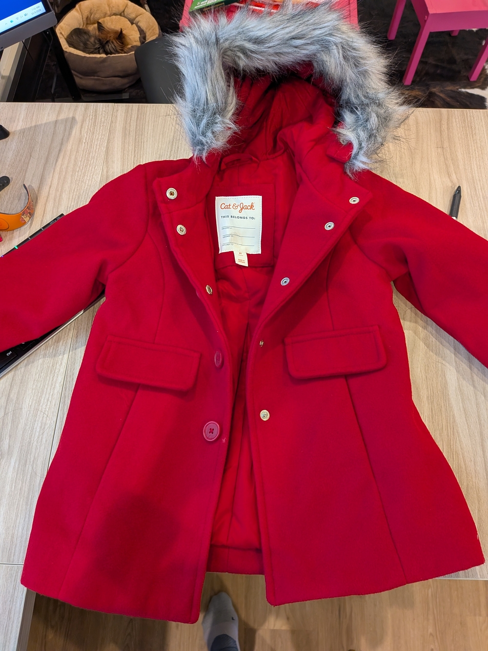Cat & Jack Girls' Red Faux-Fur Trim Hooded Coat